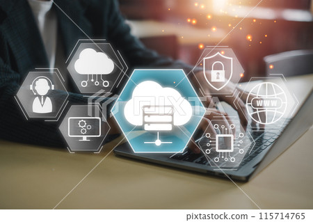A professional working on a laptop with cloud computing and cybersecurity icons, representing modern hosting concepts and digital technology. 115714765