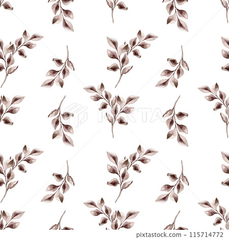 Branches with leaves in burgundy tones watercolor on seamless pattern isolated. Repeating botanical elements hand drawn. The simple and elegant design in vintage style for textile, package, backdrop 115714772