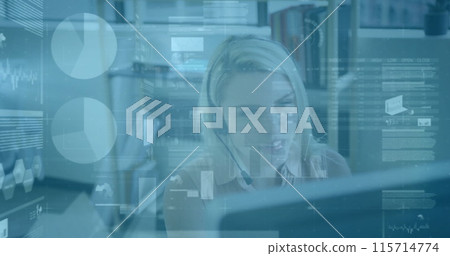 Image of financial data processing over caucasian businesswoman in office Image of financial data processing over caucasian businesswoman in office 115714774