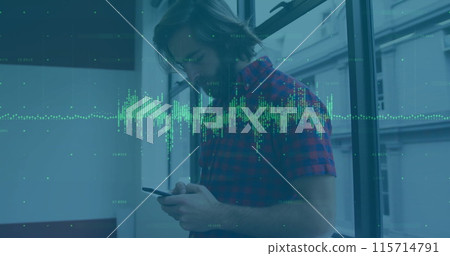 Image of financial data processing over caucasian businessman using smartphone Image of financial data processing over caucasian businessman using smartphone 115714791