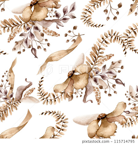 Seamless pattern with flowers on palm leaf monochrome in watercolor brown color. Abstract plants in sienna color on endless background. Fantasy branches hand drawn. Design for textile, backdrop 115714795