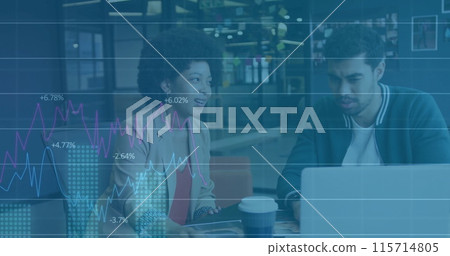 Image of financial data processing over diverse business people in office 115714805