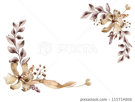 Flower and branch in monochrome maroon watercolor. Frame of abstract plants in dark brown color isolated. Monotone leaves in sepia. Design of branding , invitations, printed products, wedding 115714808