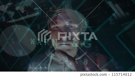 Image of online security warning text over hacker using interactive screen Image of online security warning text over hacker using interactive screen 115714812