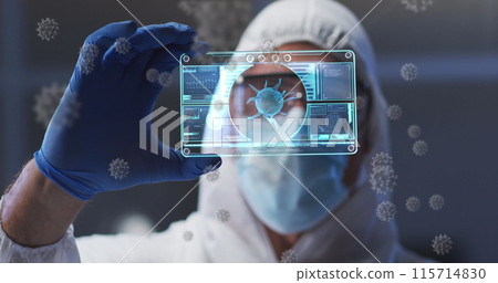 Image of virus cells and digital interface over male doctor wearing face mask 115714830