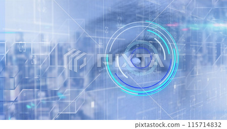 Image of scope scanning and data processing over woman's eye on blue background 115714832