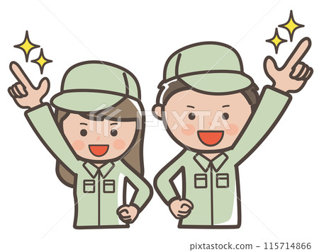 Hope for tomorrow_Illustration of male and female workers and cleaning staff in a pointing pose Hope for tomorrow_Illustration of male and female workers and cleaning staff in a pointing pose 115714866