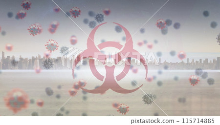 Image of biohazard and virus cells over cityscape 115714885