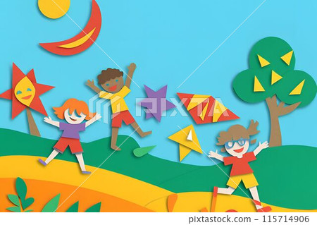 Children having fun playing outdoors (origami style) 115714906