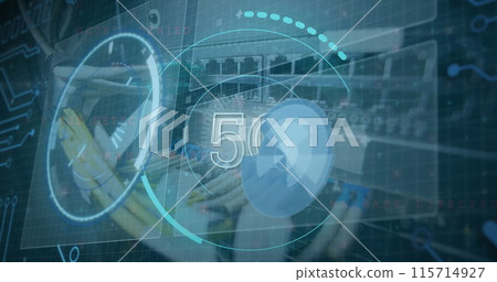Image of data processing and 5g text over cables of computer server Image of data processing and 5g text over cables of computer server 115714927