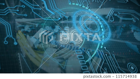 Image of 5g, data processing over caucasian female it engineer fixing cables of computer server Image of 5g, data processing over caucasian female it engineer fixing cables of computer server 115714938