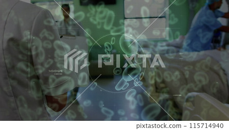 Image of purple virus cells over biracial female doctor Image of purple virus cells over biracial female doctor 115714940