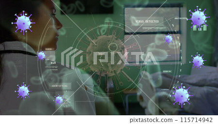 Image of purple virus cells over biracial female doctor Image of purple virus cells over biracial female doctor 115714942