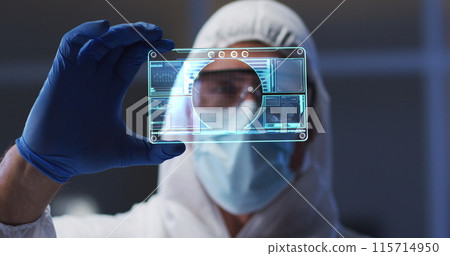 Image of purple virus cells over caucasian male lab worker in safety clothes with digital card 115714950