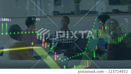 Image of mathematical equations over businessman using laptop in office Image of mathematical equations over businessman using laptop in office 115714972