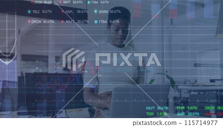 Image of financial data and graphs over african american woman with laptop in office 115714977
