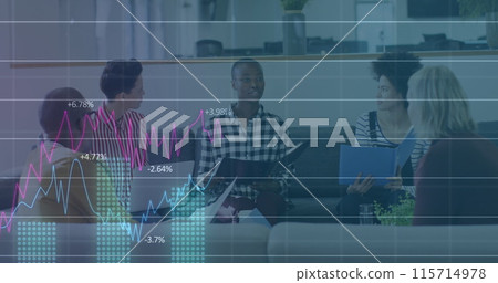 Image of financial data and graphs over diverse coworkers in office 115714978