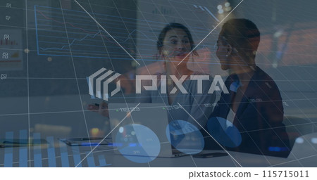 Image of financial data and graphs over diverse female coworkers in office Image of financial data and graphs over diverse female coworkers in office 115715011