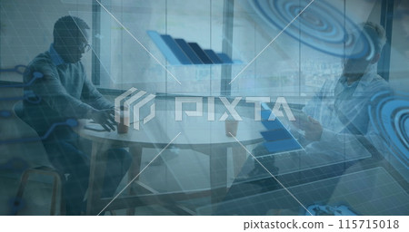 Image of data processing and people walking over diverse business people using technology Image of data processing and people walking over diverse business people using technology 115715018