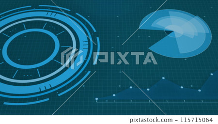 Image of padlock over scanners, graph and network of connections on dark interface 115715064