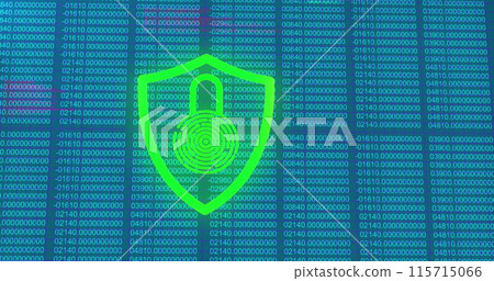 Image of padlock with biometric fingerprint over data processing 115715066