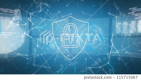 Image of padlock, globe over communication network and data processing Image of padlock, globe over communication network and data processing 115715067