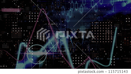 Image of multiple graphs over dots forming abstract pattern, numbers and map 115715143