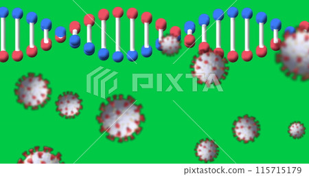 Image of falling cells and dna strand on green background Image of falling cells and dna strand on green background 115715179