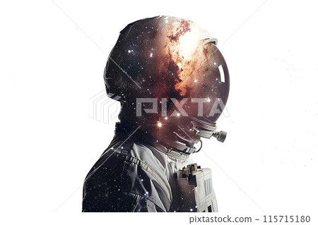 double exposure of an astronaut in space and milky way galaxy with white background 115715180