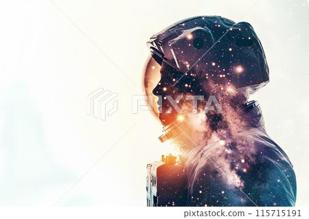 double exposure of an astronaut in space and milky way galaxy with white background double exposure of an astronaut in space and milky way galaxy with white background 115715191