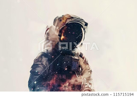 double exposure of an astronaut in space and milky way galaxy with white background 115715194