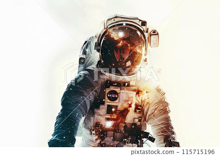 double exposure of an astronaut in space and milky way galaxy with white background double exposure of an astronaut in space and milky way galaxy with white background 115715196