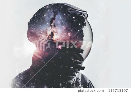 double exposure of an astronaut in space and milky way galaxy with white background double exposure of an astronaut in space and milky way galaxy with white background 115715197