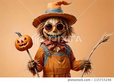Halloween card, scarecrow in orange tracksuit with pumpkin 115715248