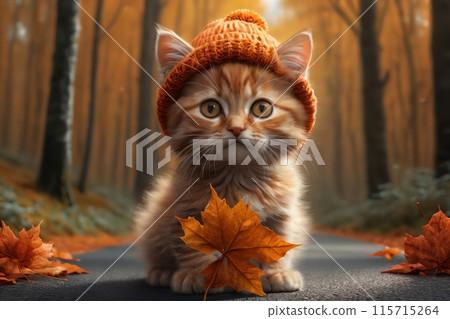 cat in a knitted orange hat walks in the forest in autumn cat in a knitted orange hat walks in the forest in autumn 115715264