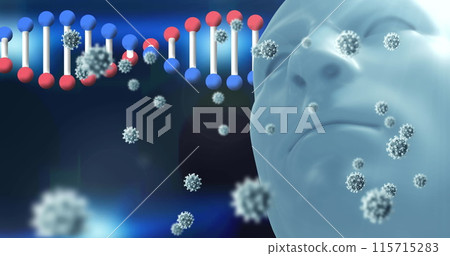Image of falling cells and dna strand over human head 3d model on dark background Image of falling cells and dna strand over human head 3d model on dark background 115715283