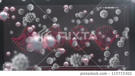 Image of falling cells and dna strand on dark background Image of falling cells and dna strand on dark background 115715302