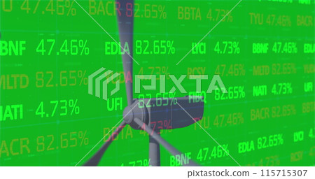 Image of stock market data processing over spinning windmill against green background 115715307