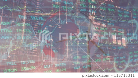 Image of stock market data processing over globe and spinning windmill against blue sky 115715311