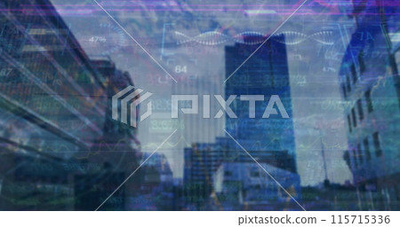 Image of financial data processing over cityscape Image of financial data processing over cityscape 115715336