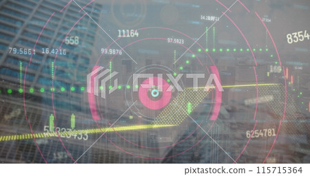 Image of financial data processing over cityscape Image of financial data processing over cityscape 115715364