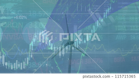 Image of statistical and stock market data processing against spinning windmill Image of statistical and stock market data processing against spinning windmill 115715365