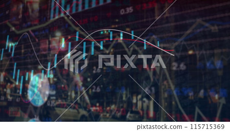 Image of financial data processing over cityscape Image of financial data processing over cityscape 115715369