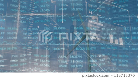 Image of interface with stock market data processing over spinning windmill against blue sky Image of interface with stock market data processing over spinning windmill against blue sky 115715370