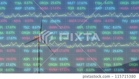 The image shows a stock market display with red, blue, and green stock market tickers and graphs 115715380
