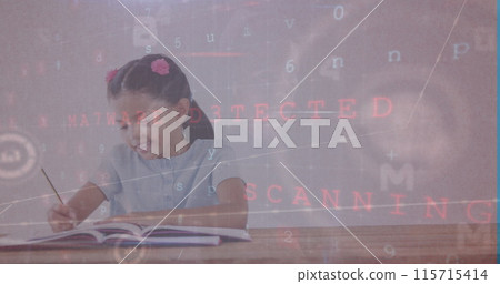 Image of data processing over caucasian girl writing 115715414