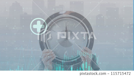Image of data processing over hands with clock Image of data processing over hands with clock 115715472