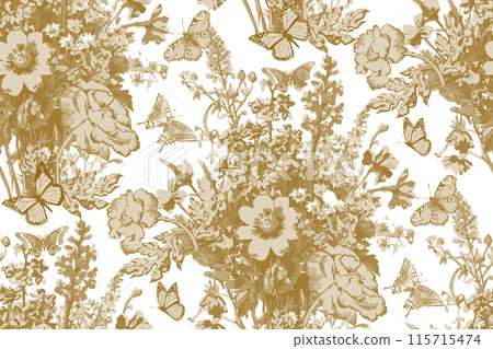 Seamless abstract floral pattern. In style Toile de Jou. Suitable for fabric, mural, wrapping paper and the like Seamless abstract floral pattern. In style Toile de Jou. Suitable for fabric, mural, wrapping paper and the like 115715474