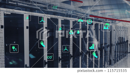 Image of data processing and ecology icons over server room 115715535
