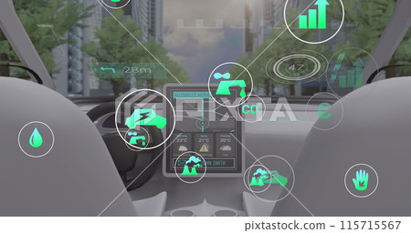 Image of data processing and ecology icons over car and city 115715567